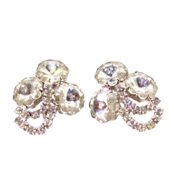 Vintage Clear Crystal Bouquet Earrings, Clip On Rivoli and Round Faceted Prong - Picture 2 of 3